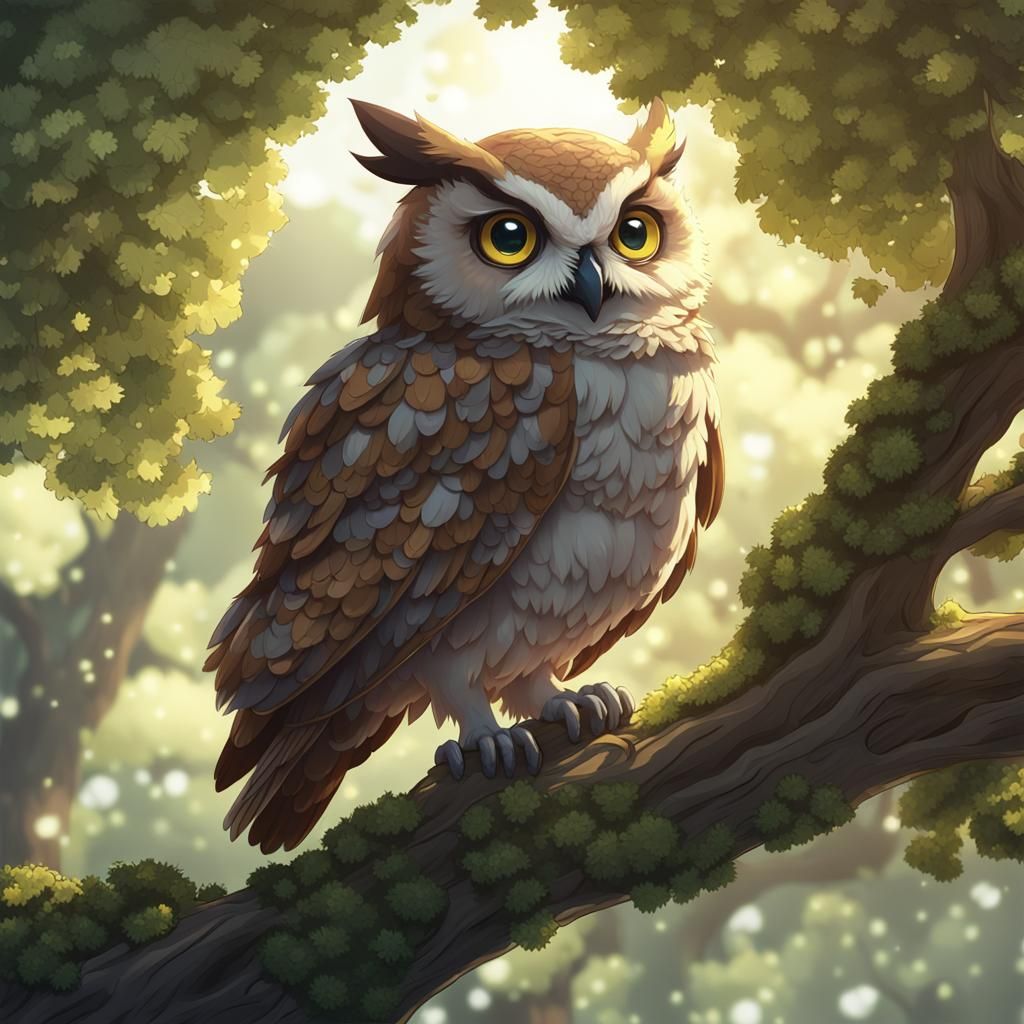 Friendly Owl in Oak Tree: 3D Anime Art