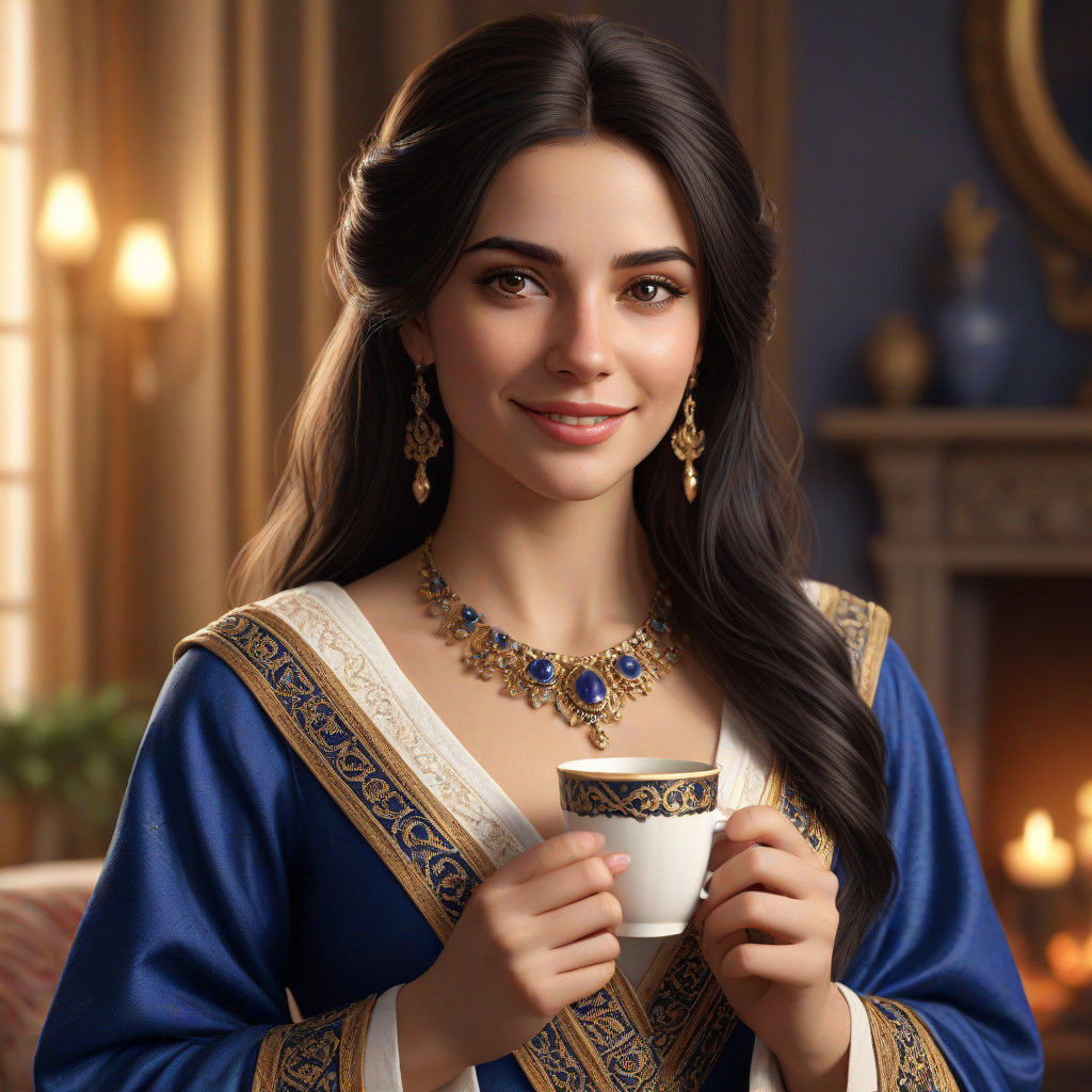 Enchanting Christmas Goddess Sips Coffee in Opulent Winter W...