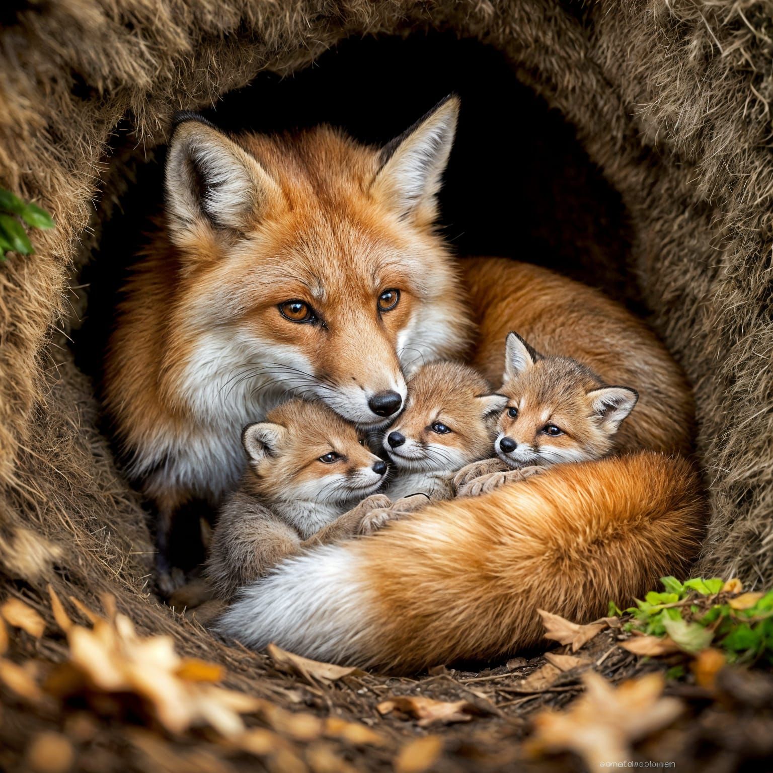 Mother Fox and Kits in Cozy Den