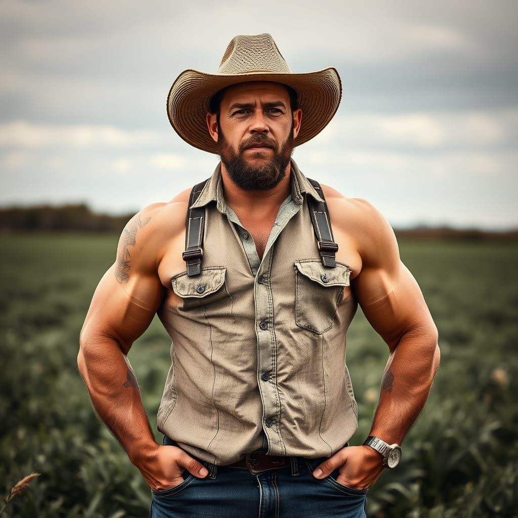 Muscular Rural Gentleman with Hands in Pockets