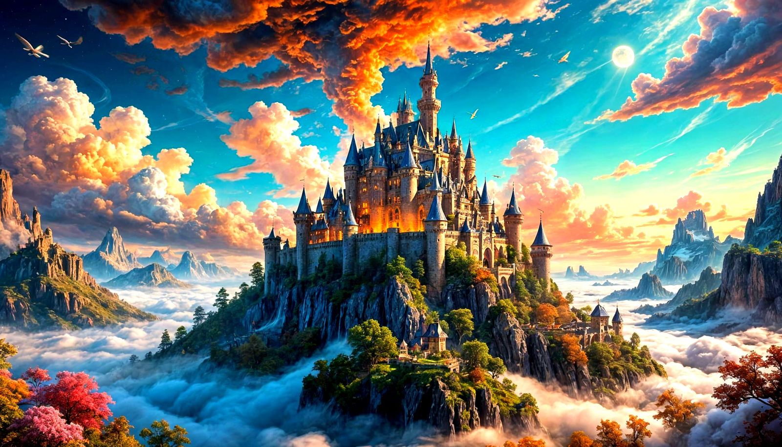 Majestic Castle on Floating Island Above Cloud Sea