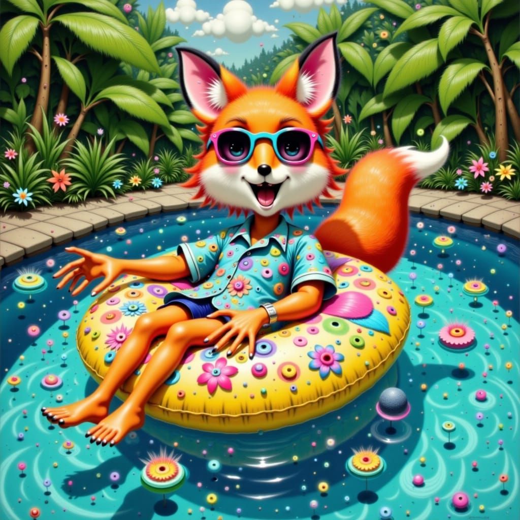 Fox Lounging in Pool: Whimsical Art Style