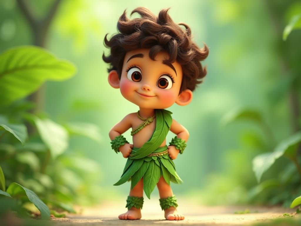 Confident Cartoon Boy in Whimsical Green Leaf Attire