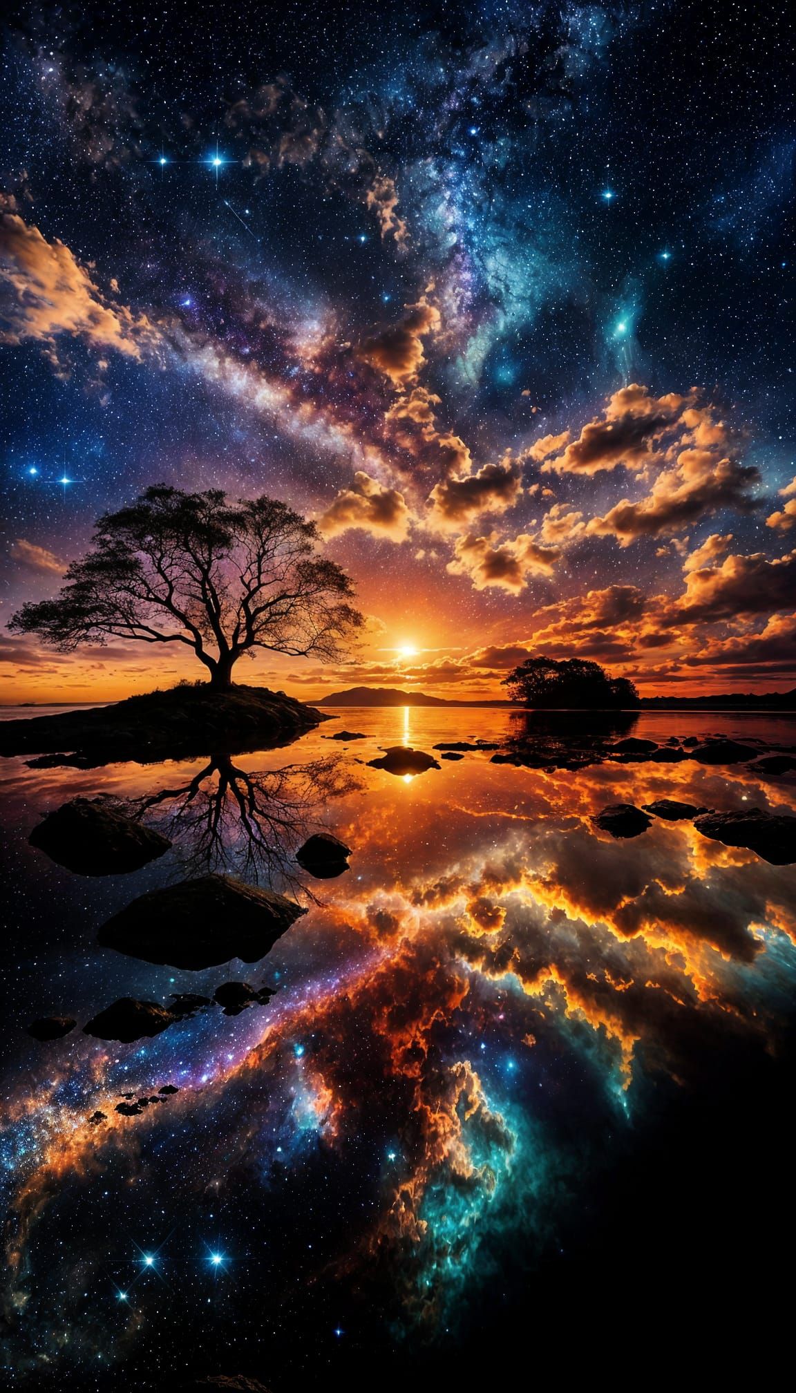 Surreal Cosmic Sunset Over Calm Sea with Tree Reflection