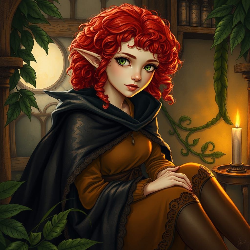 Halfling Woman in Rustic Setting, Illuminated Manuscript Sty...