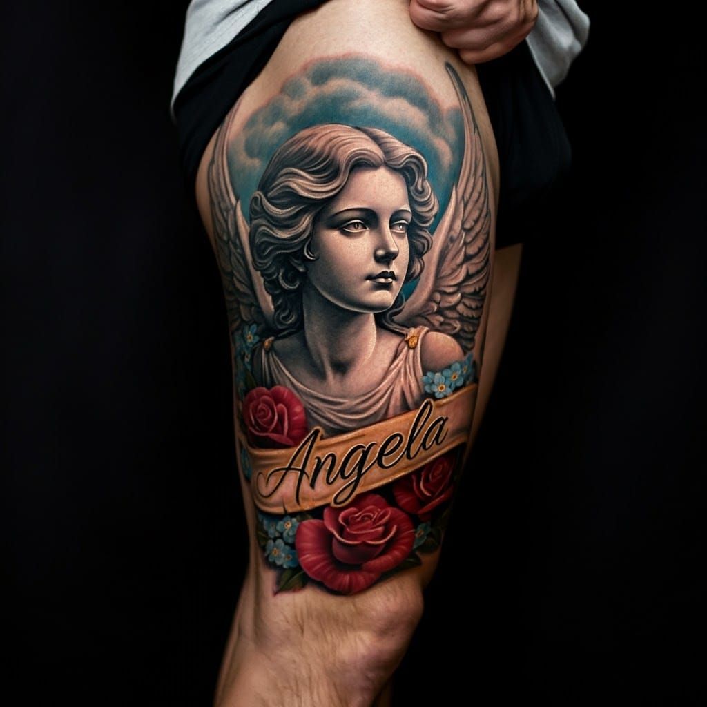 Upper Leg Tattoo of Angel on a Man - Angela
