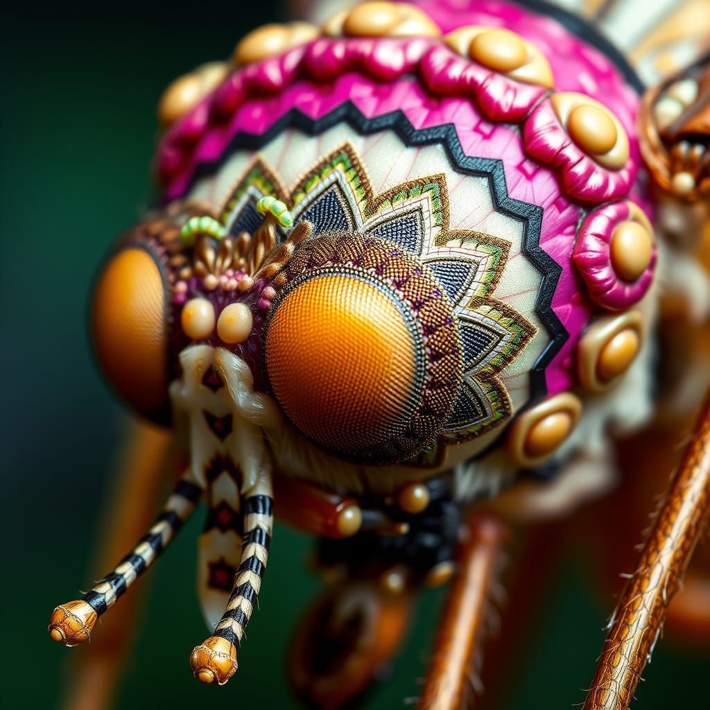 Macro Photograph of Mosquito Face with Mandala Tattoos