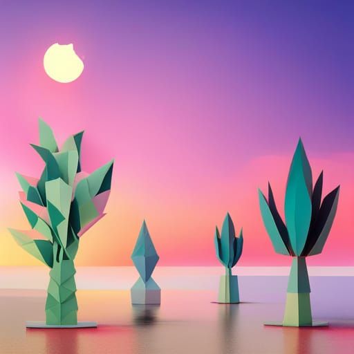 Origami Beach Twilight with Cactuses and Flamingos