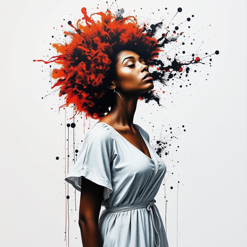 A monochrome ink drawing of a woman with an afro hairstyle. She is breathing in and out, with each breath represented by...