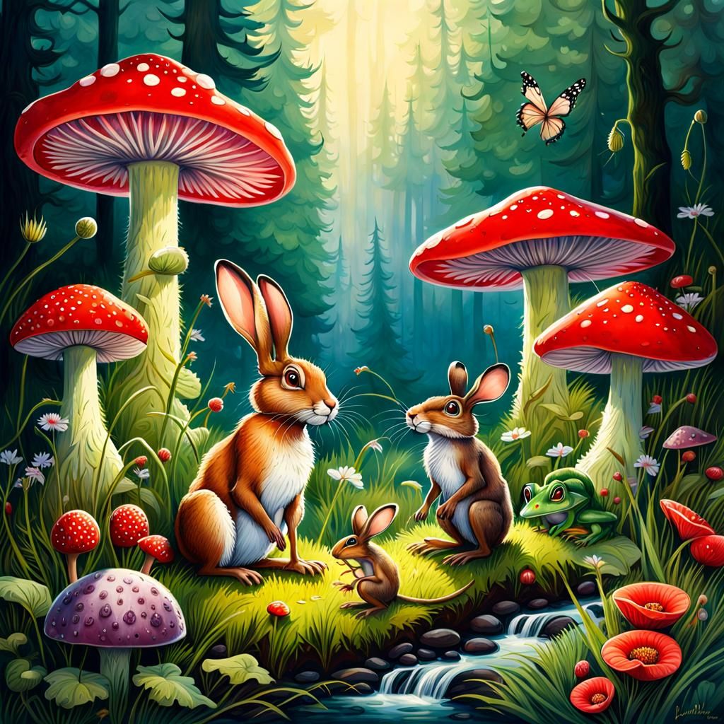 Cartoon Animals Under Mushroom After Rain
