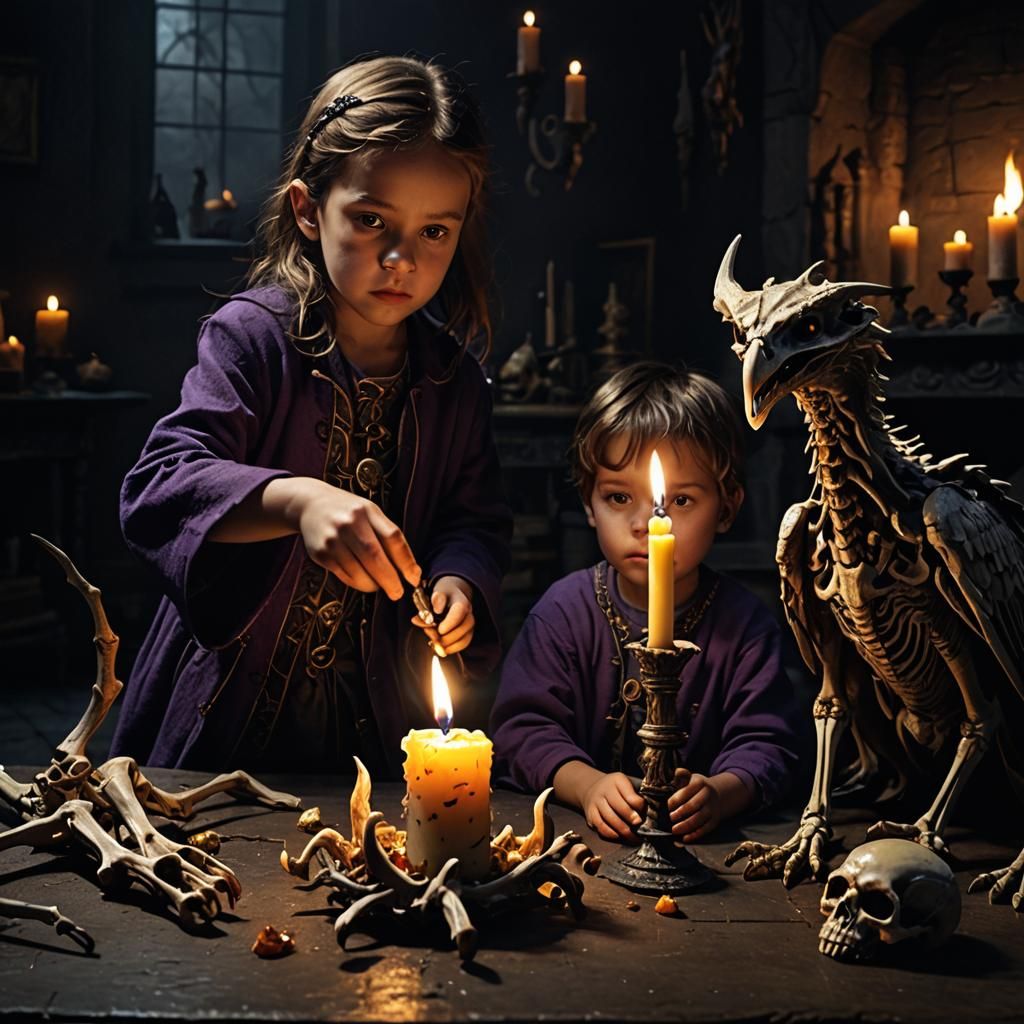 Evil Shadow Lurks in Dark Fantasy Landscape with Candlelit C...