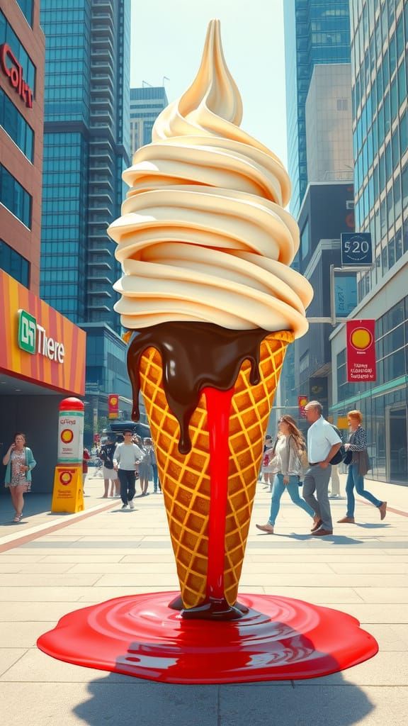 Majestic Futuristic Ice Cream Cone Melts in Cityscape