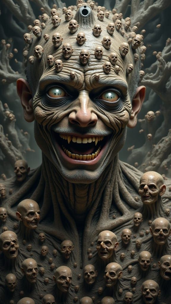 Fractal Man with Faces: Hyperrealistic Dreamscape