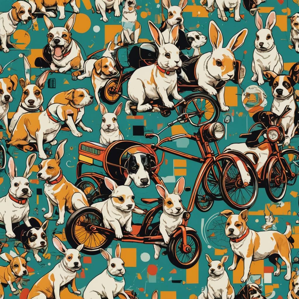 Rabbit and Friends on Tricycle in Pop Art Style