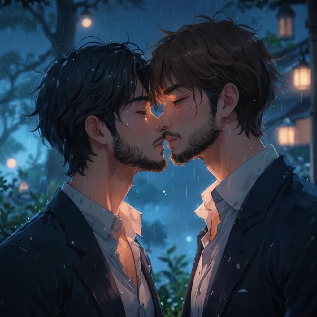 Romantic Anime Garden Kiss in Watercolor Style