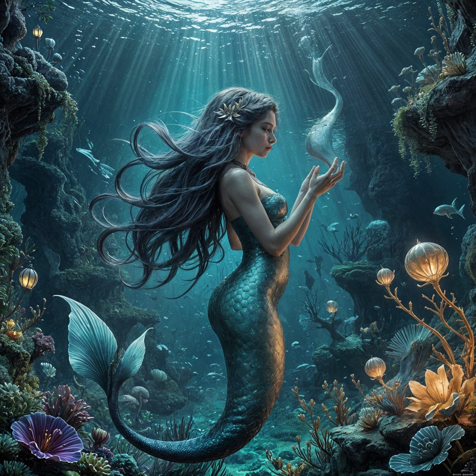 Luminous Mermaid in Enchanted Underwater Realm