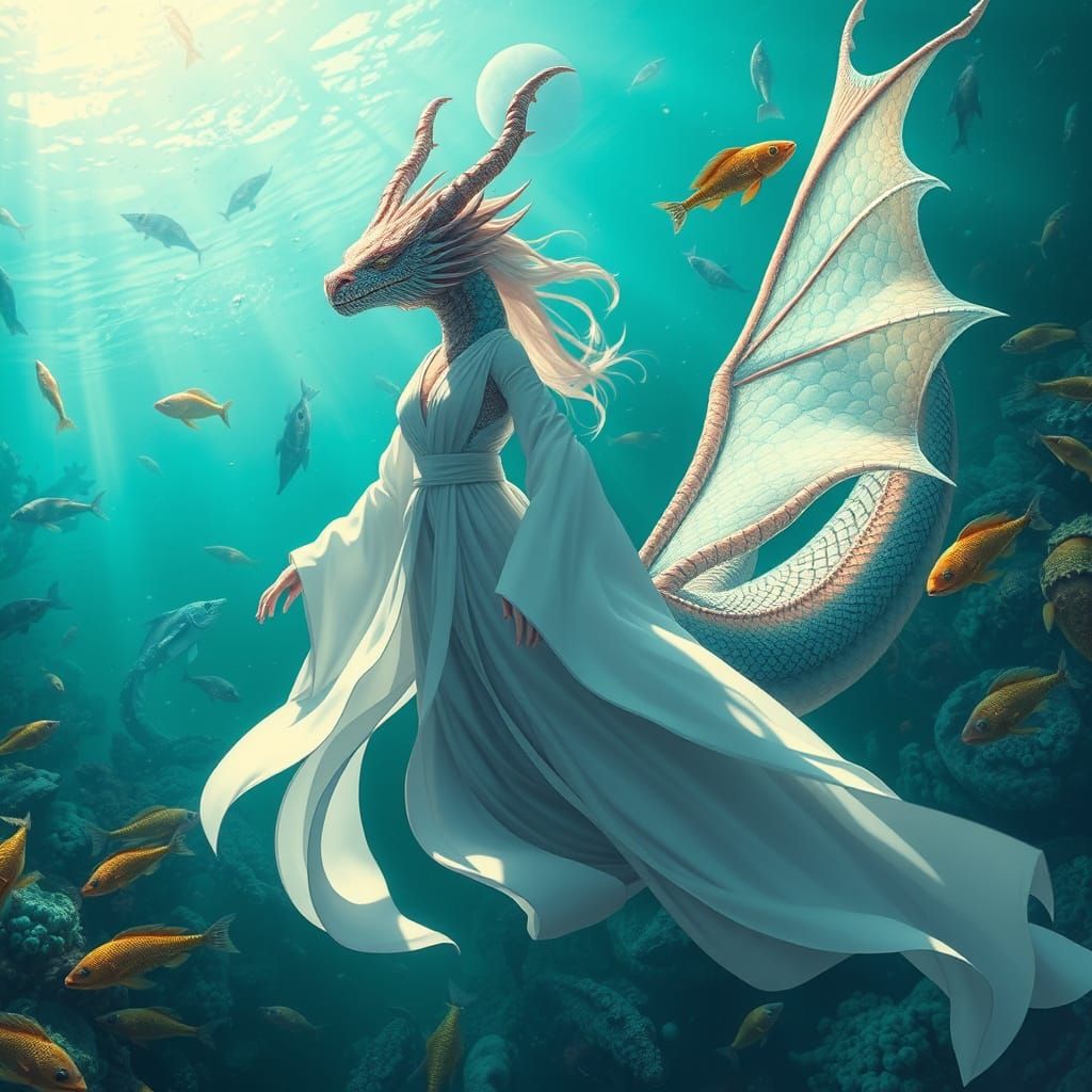 Water Dragon Genasia In White Robes In Ocean Depths