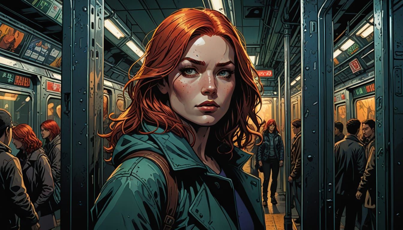 Red-Haired Woman in Subway, Comic Book Style