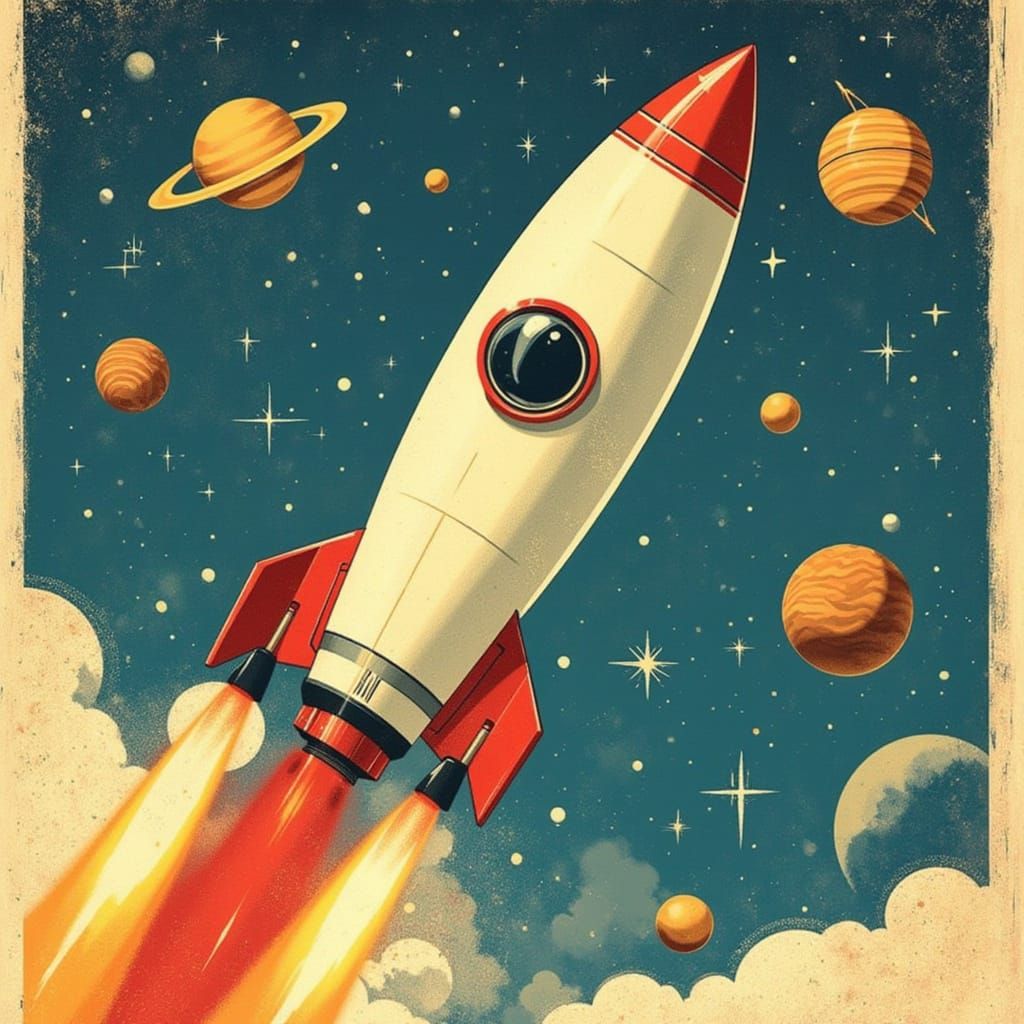 Vintage Rocket Blasts Off Into Space in Comic Style