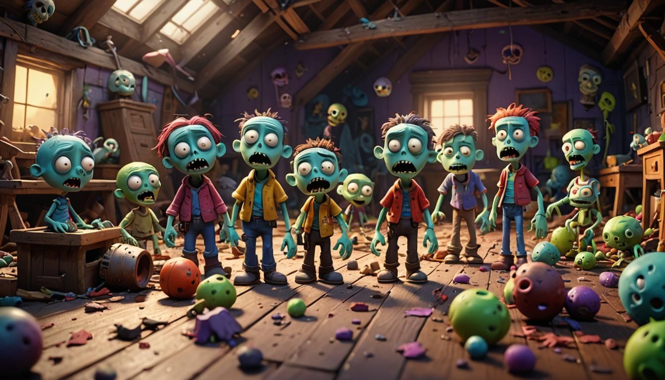 Toy Zombies in Devastated Attic: Pixar-Style 3D Art