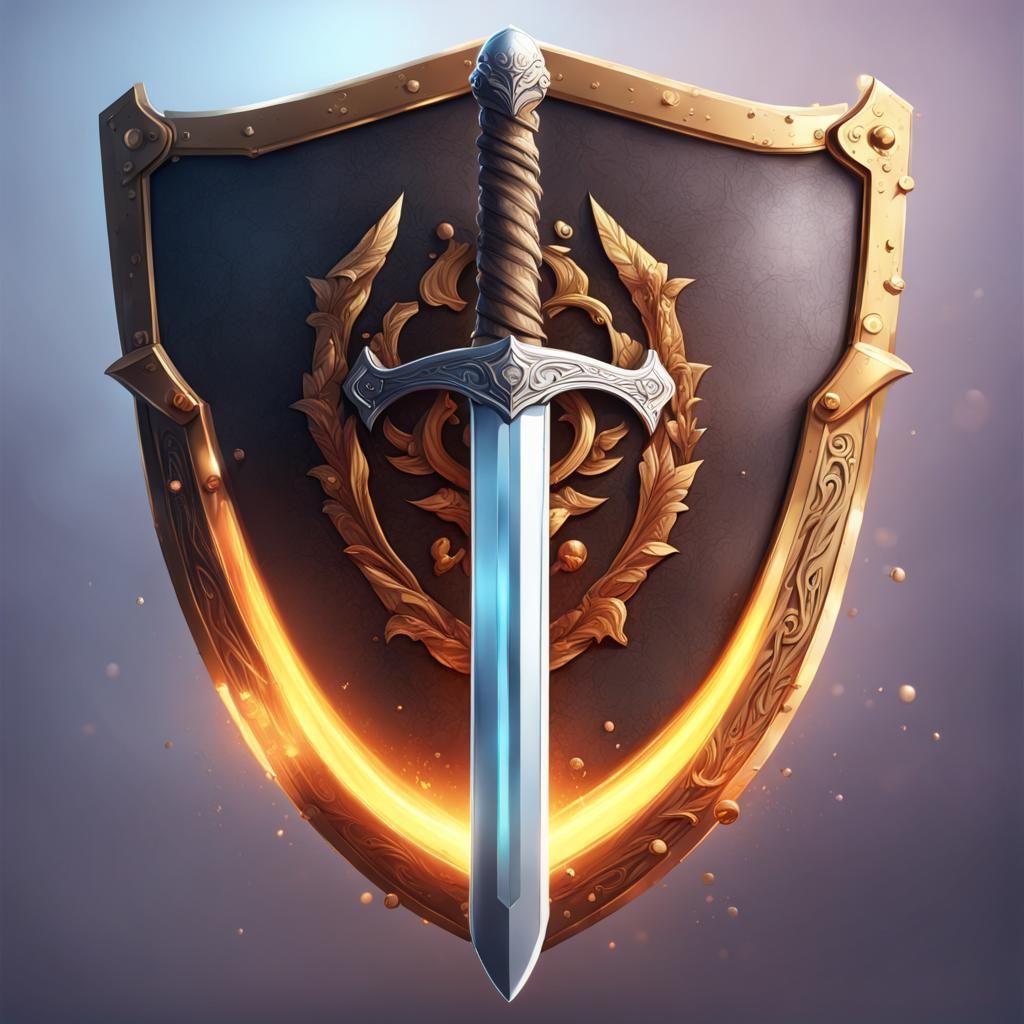 Glowing Sword Emblem Shield: Hyperrealistic Splash Art