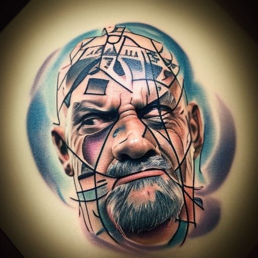 Hyperrealistic Tattooed Face in Splash Art Style