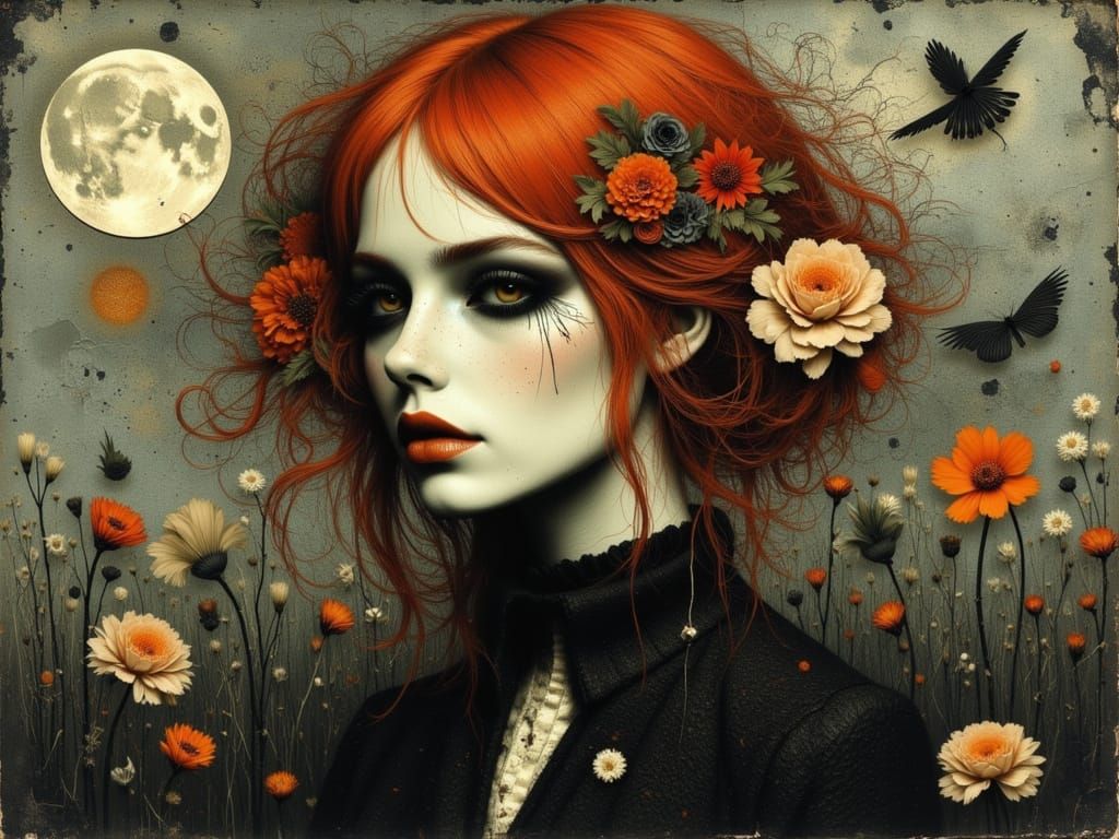 Ethereal Gothic Woman in Moonlit Abstract Style