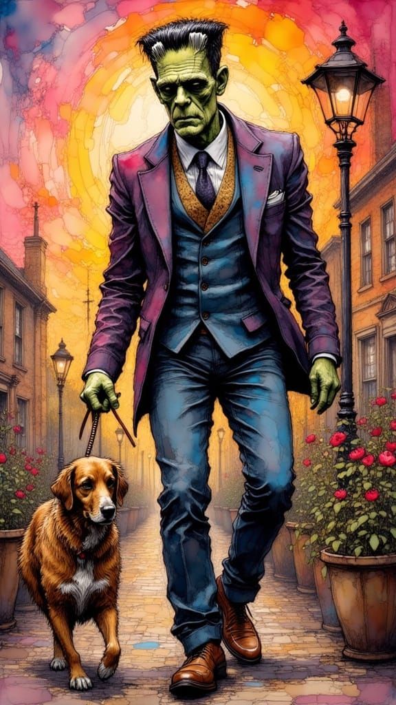Frankenstein Walks His Dog: An Expressionist Portrait