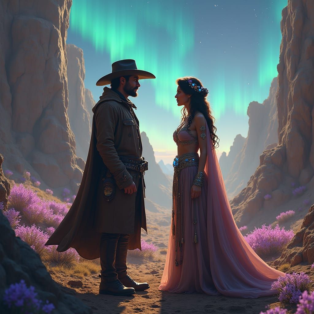 Cowboy and Cowgirl in Dreamlike Western Landscape