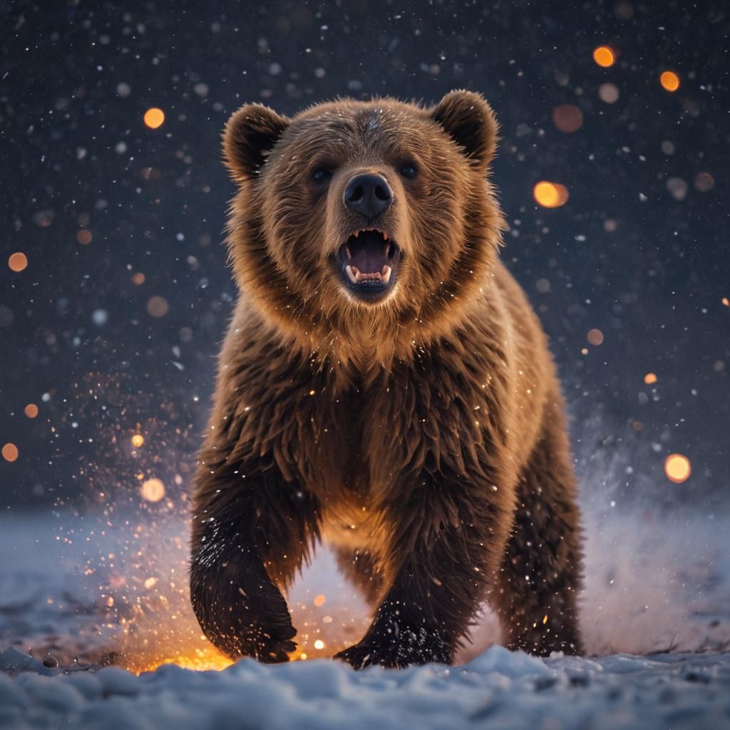 Grizzly Cub on Fire Charges Through Arctic Blizzard