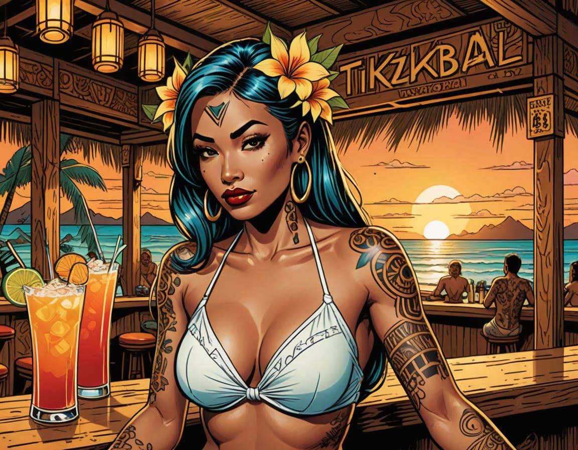 Tattooed Beauty at Tiki Bar in Comic Book Style