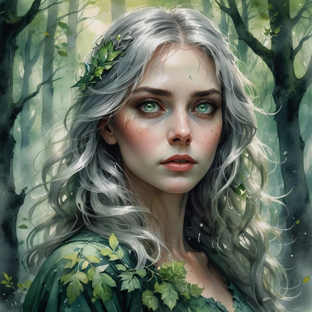 Girl with Emerald Eyes in Misty Forest