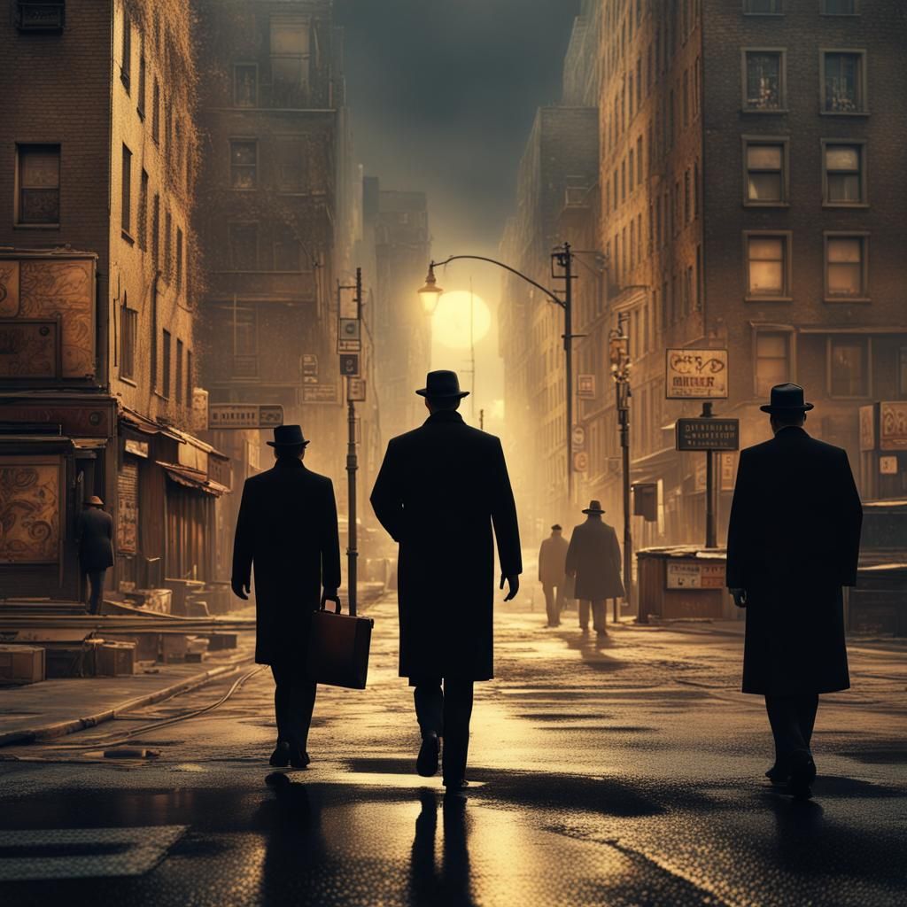 Noir Detectives Solving Crimes: Klimt-Inspired Digital Art