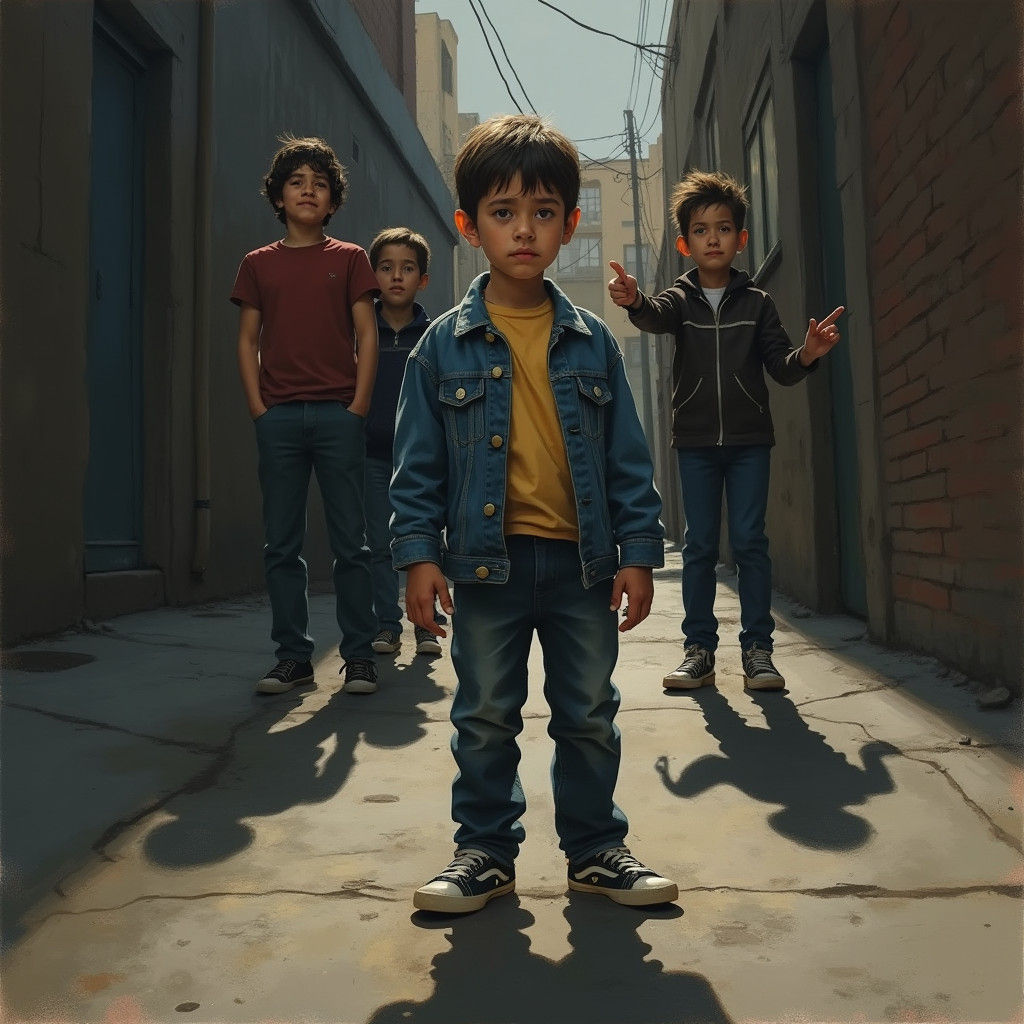 Boy Mocked by Bullies in Gritty Realism Style
