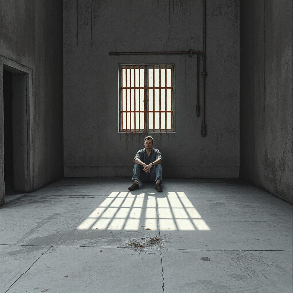 Barren Prison Cell with Ominous Shadows