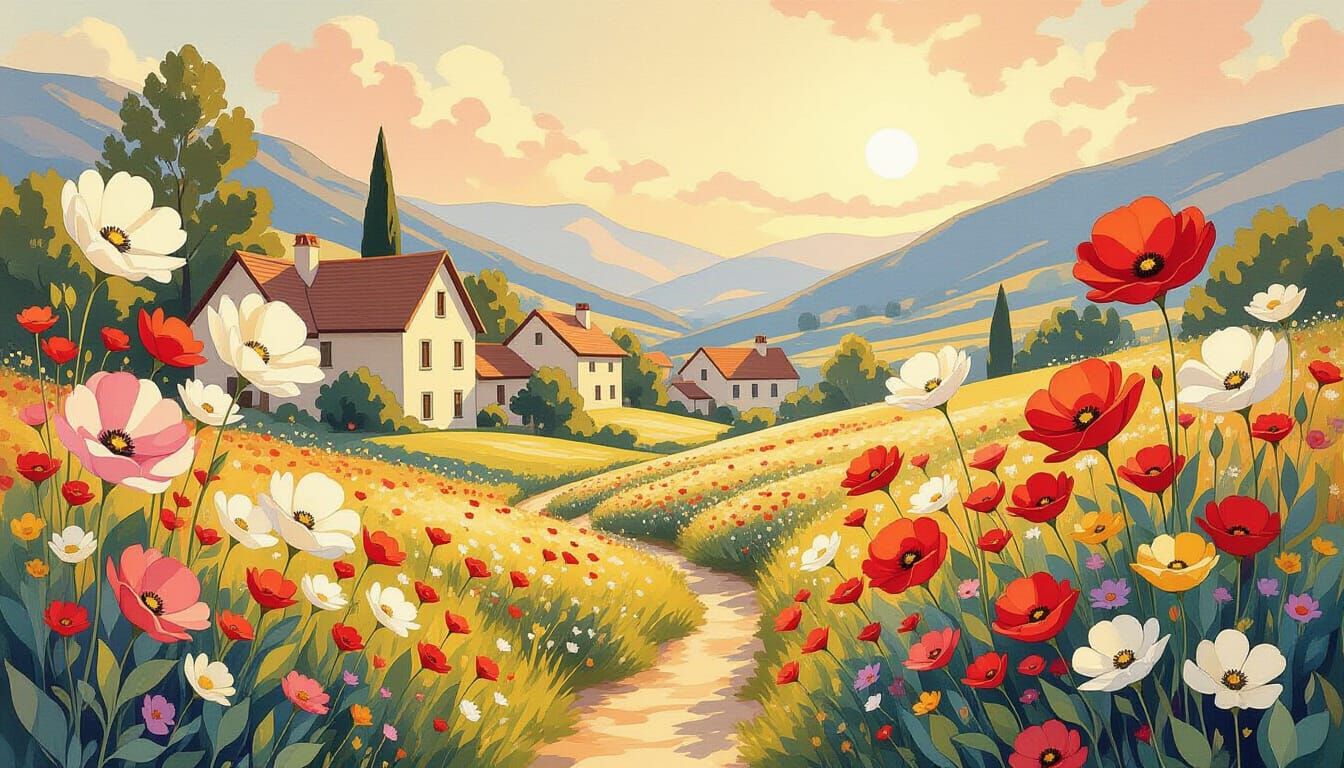 Dreamlike Village in Valley of Flowers: Impressionistic Art