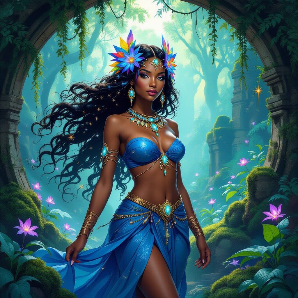 African Goddess in Bioluminescent Forest, Fantasy Art