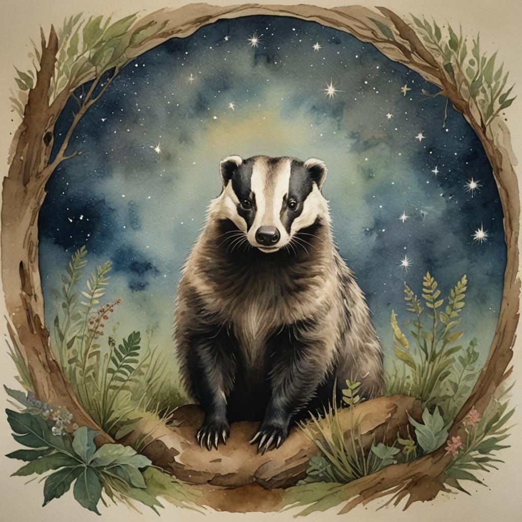 Ethereal Badger Portrait in Watercolor Folk Art