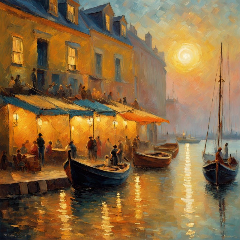 Seaside Cafe Oil Painting with Dutch Boats