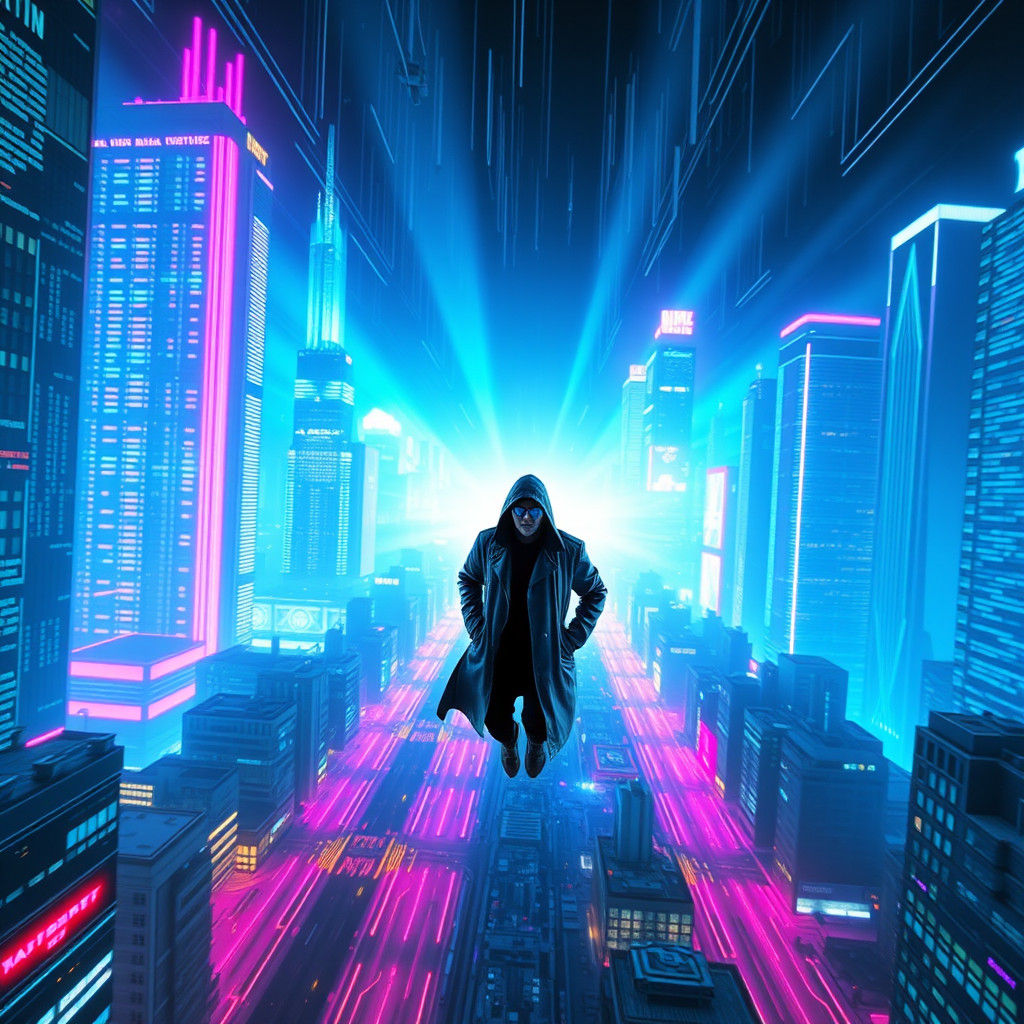 Cyberpunk Figure Flying Through Neon Matrix