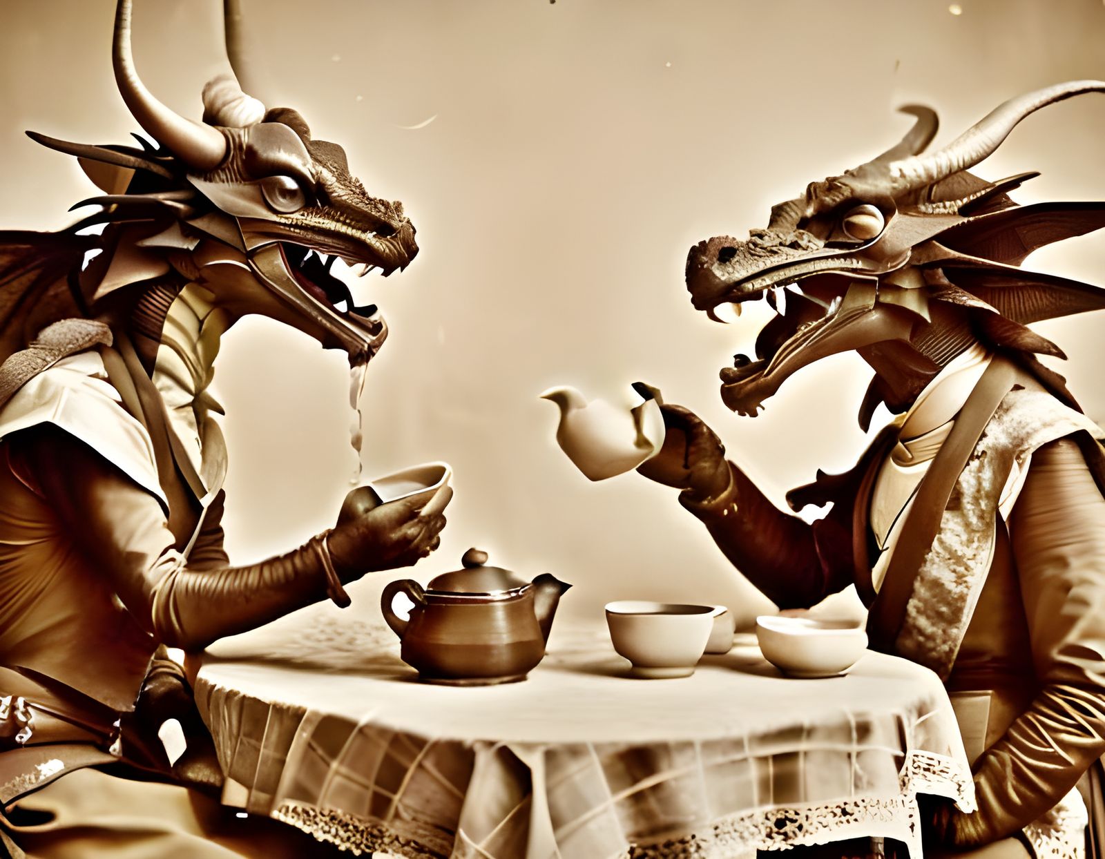 Dragons' Tea Party: 1900s Sepia Photography