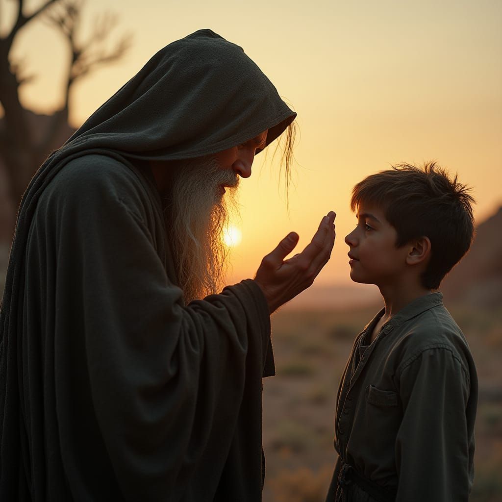 Ancient Sage Blesses Boy in Sunset Desert Landscape