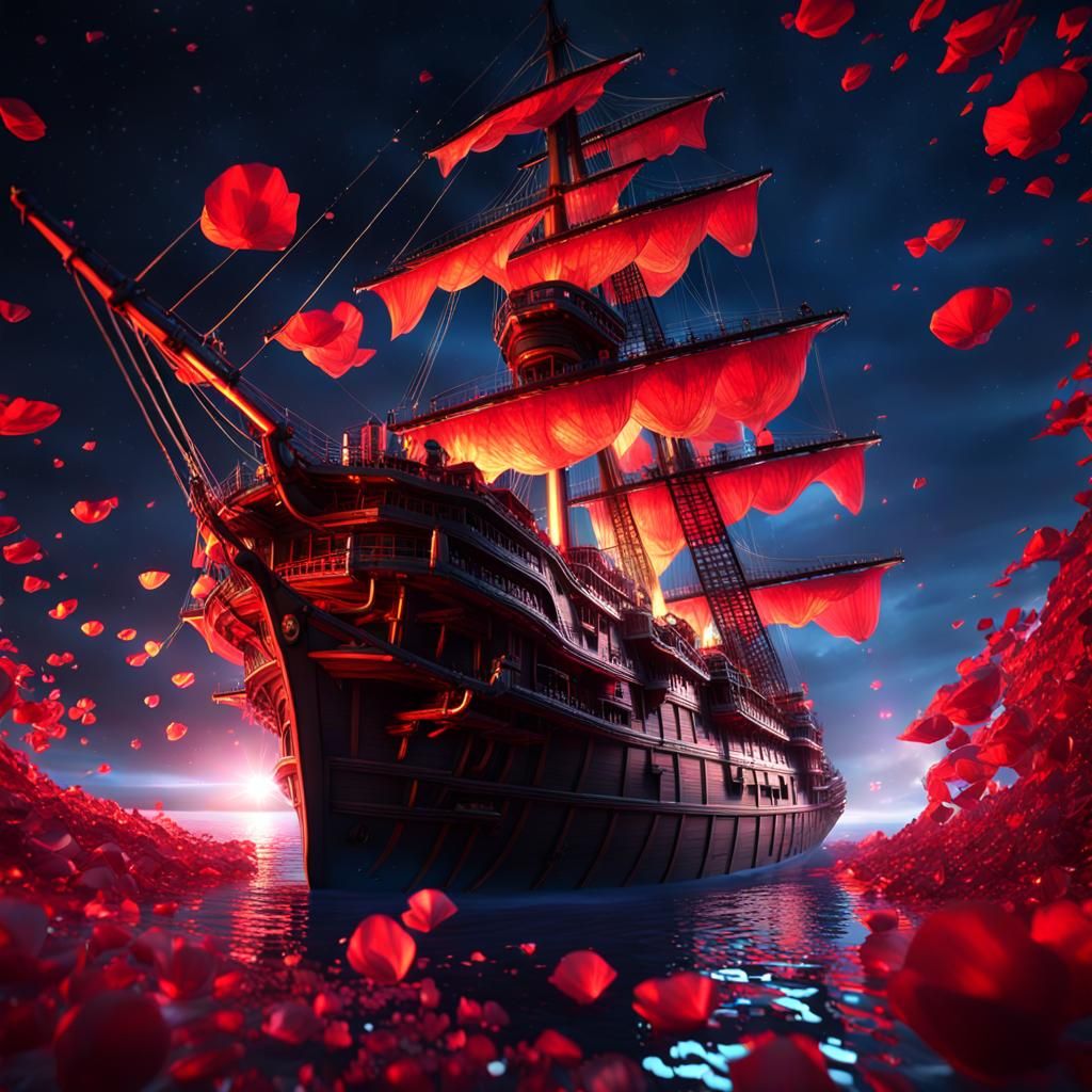 Upside-Down Pirate Ship in Red Moonlight, Ultra HD