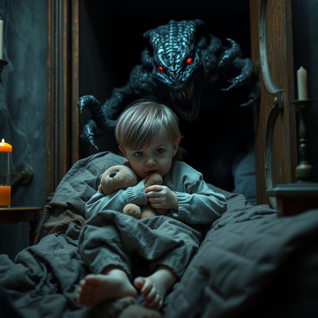Toddler Fleeing a Grotesque Creature in a Dark, Eerie Bedroo...