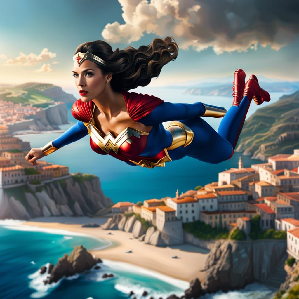 Wonder woman skydiving over the Italian coast