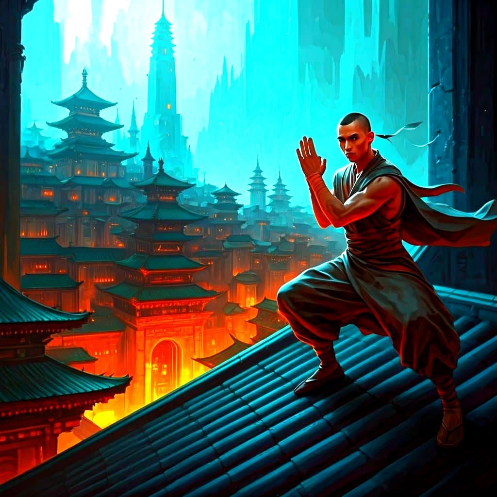 Warrior Monk Overlooking Fantasy City in Abstract Art
