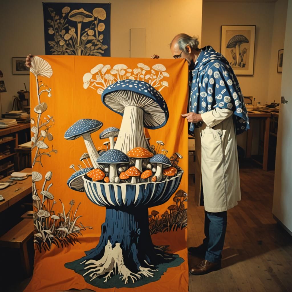 Mushroom Cultivation in Linocut Style