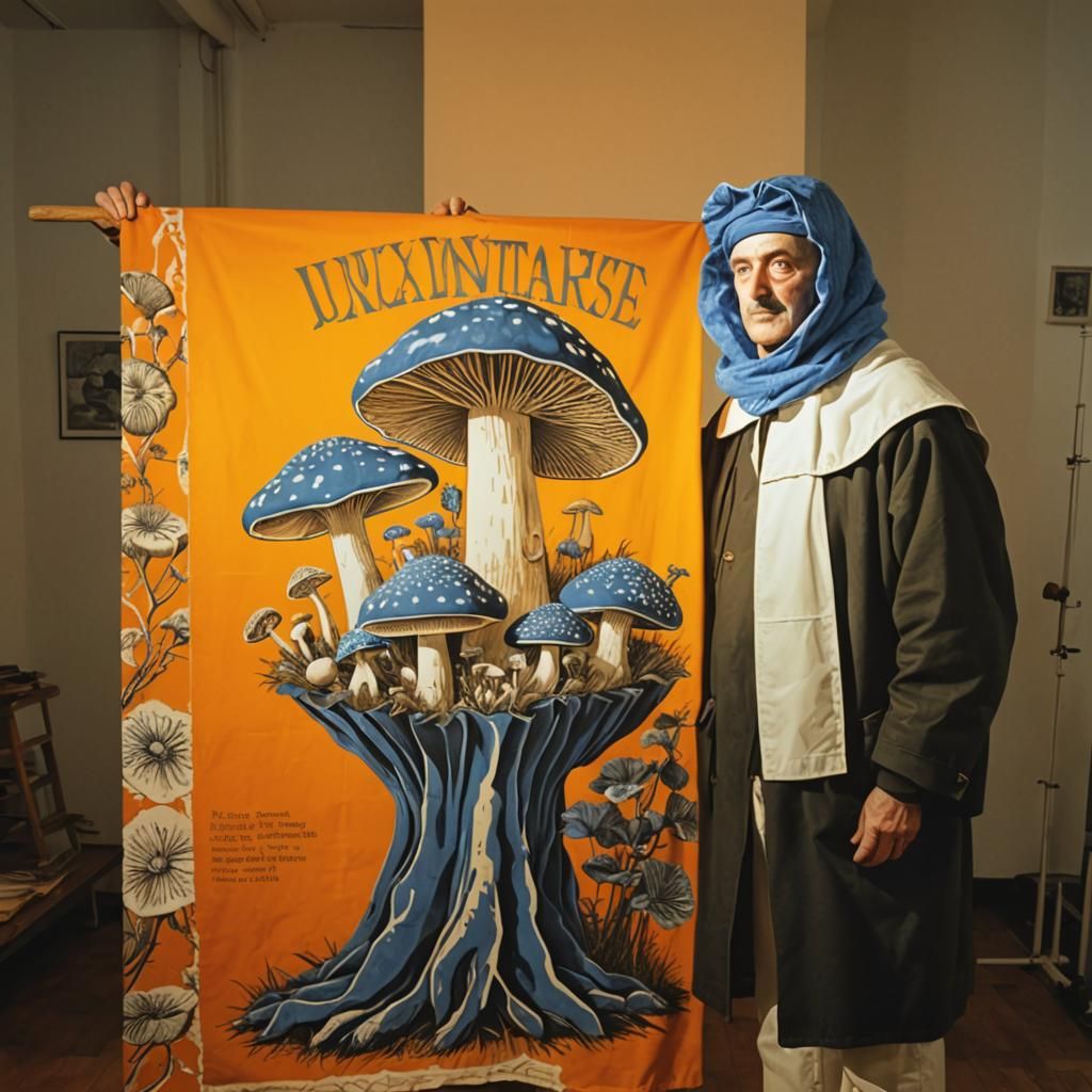 Giant Mushrooms: Blue and White Linocut