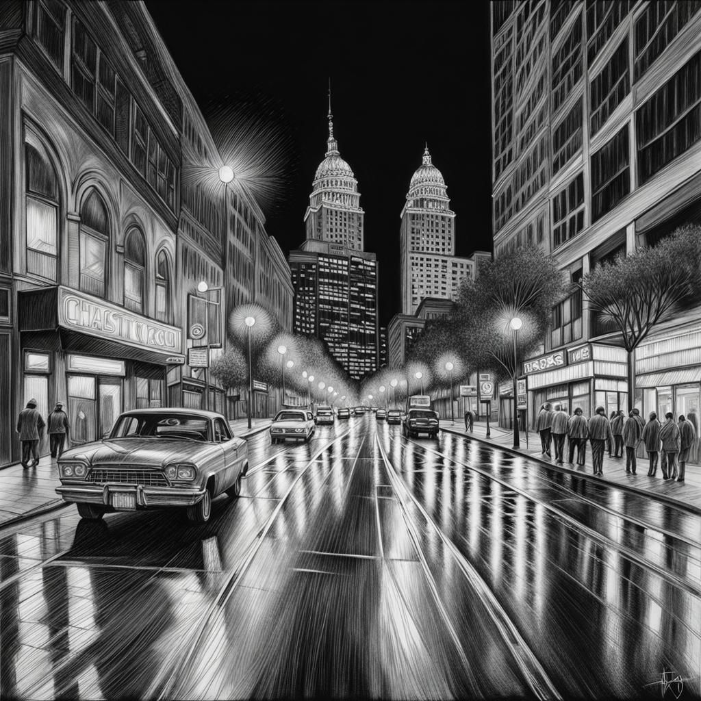 Downtown Austin Street: Hyperrealistic Charcoal Line Drawing