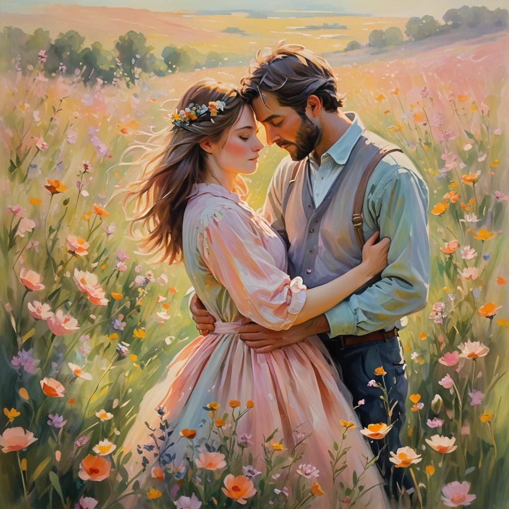 Romantic Couple Embracing: Impressionist Painting in Pastel ...